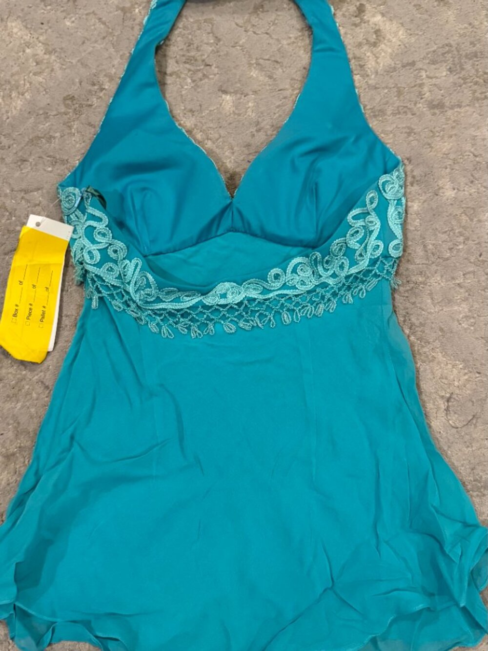 Sue Wong 100% Silk Y2K Turquoise Teal Crochet Flowy Top Fairy Art Deco Halter 1 - Picture 10 of 15